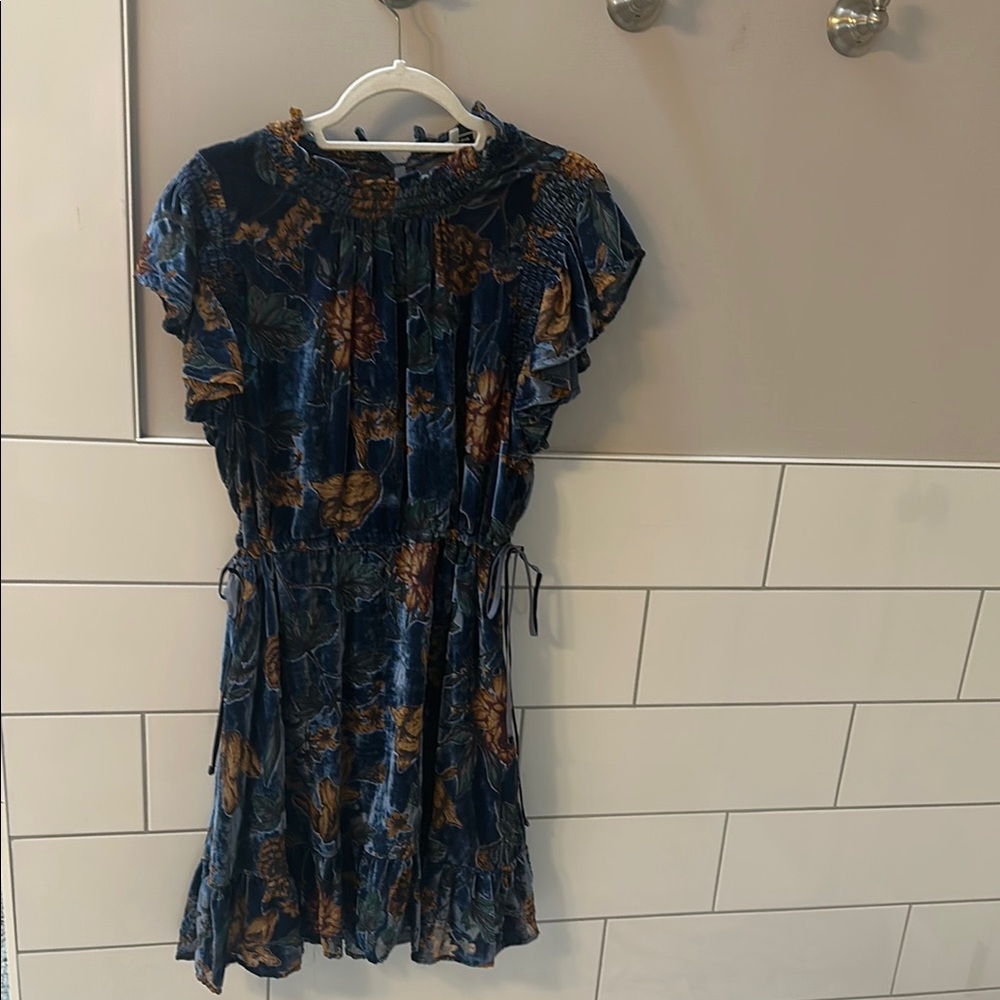 Floral Ruffle Dress in Blue and Brown